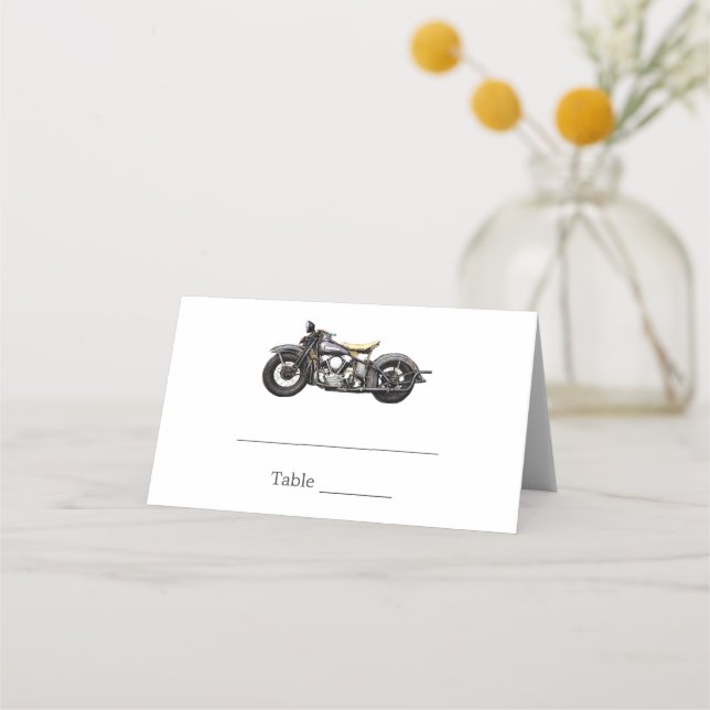 Vintage Motorcycle Navy Modern Wedding Place Card (Front)