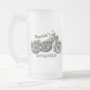 Vintage Motorcycle Personalized NAME Biker Garage Frosted Glass Beer Mug