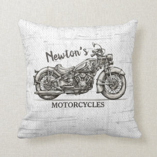 Vintage Motorcycle Personalized NAME Biker Garage Throw Pillow