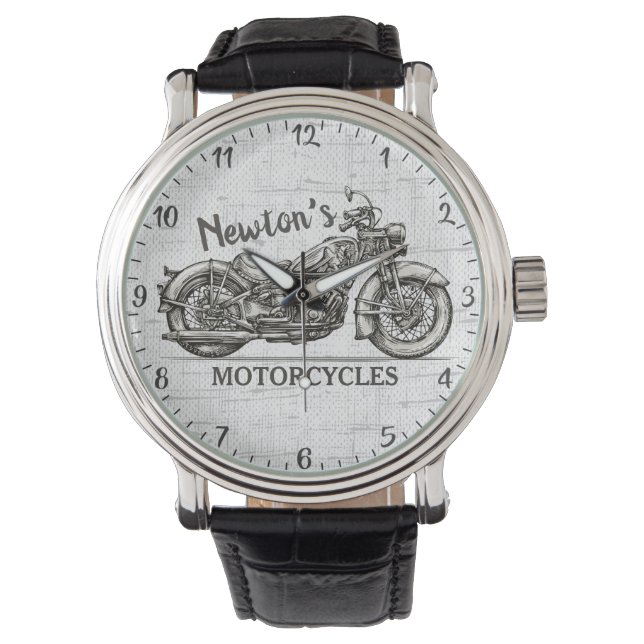 Vintage Motorcycle Personalized NAME Biker Garage Watch (Front)