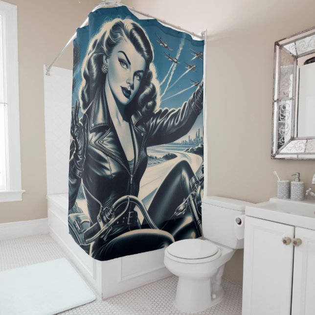 Vintage Motorcycle Pin Up Shower Curtain (In Situ)