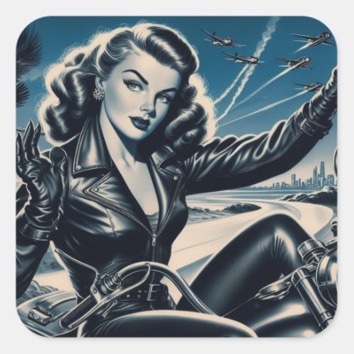 Vintage Motorcycle Pin Up Square Sticker