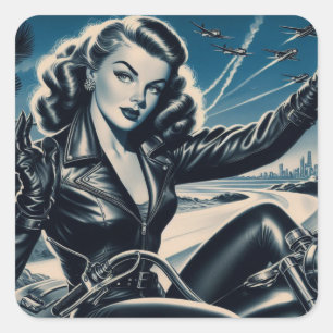 Vintage Motorcycle Pin Up Square Sticker