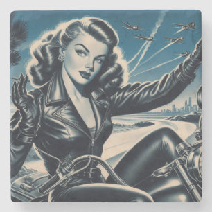 Vintage Motorcycle Pin Up Stone Coaster