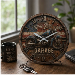 Vintage Motorcycle Rustic American Garage Biker Large Clock