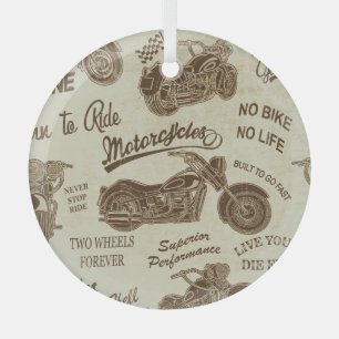 Vintage motorcycle silhouettes: seamless backgroun glass ornament