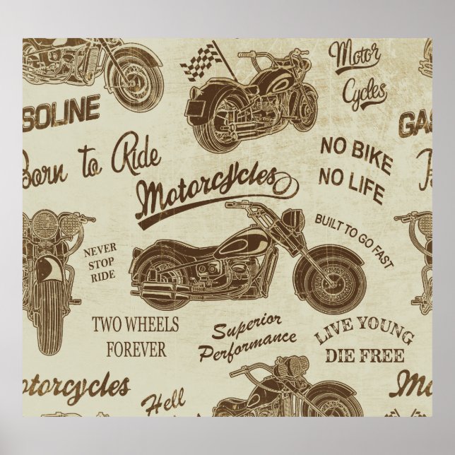Vintage motorcycle silhouettes: seamless backgroun poster (Front)
