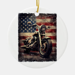 Vintage Motorcycle USA Flag Retro Biker American Ceramic Ornament