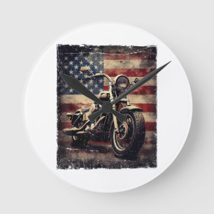 Vintage Motorcycle USA Flag Retro Biker American Round Clock