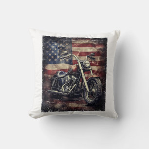 Vintage Motorcycle USA Flag Retro Biker American Throw Pillow