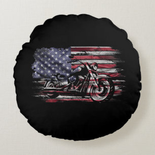 Vintage Motorcycle USA Flag Retro Biker, Motorcycl Round Pillow