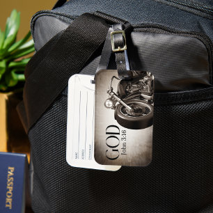 Vintage Motorcycle w/ Bold 'GOD' John 3:16 Verse Luggage Tag