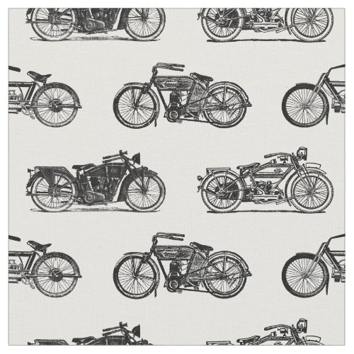 Vintage Motorcycles Pattern Old Motorcycle Art BW Fabric