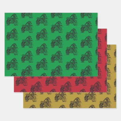 Vintage motorcyle drawing on color backgrounds wrapping paper sheets