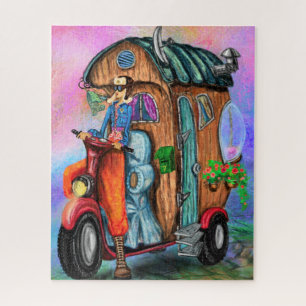 Vintage Motorhome  World Traveling Girl - Painting Jigsaw Puzzle