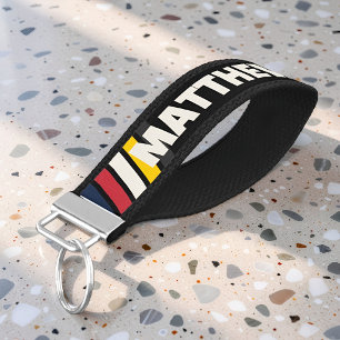 Vintage Motorsport Racing Stripe Custom Name Wrist Keychain