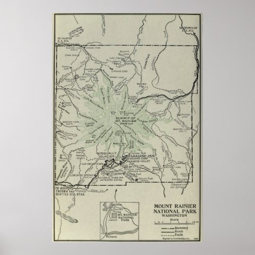 Vintage Mount Rainier National Park Map 1919 Poster