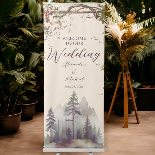 Vintage Mountain Forest Evergreen Tree Wedding Retractable Banner