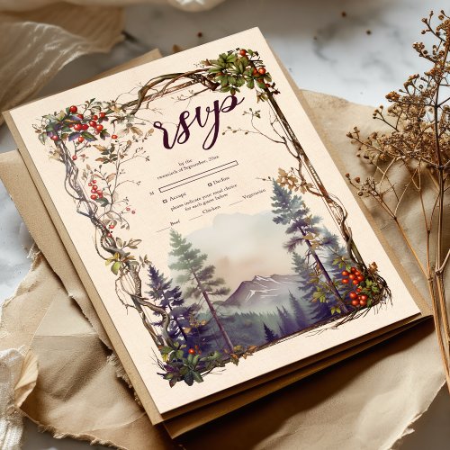 Vintage Mountain Forest Evergreen Tree Wedding RSVP Card