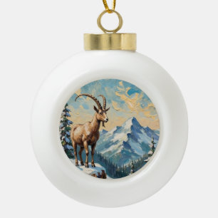 Vintage Mountain Goat on Frosted Christmas Ridge Ceramic Ball Christmas Ornament
