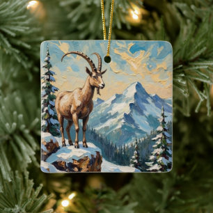 Vintage Mountain Goat on Frosted Christmas Ridge Ceramic Ornament