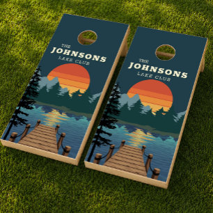 Vintage Mountain Lake Cabin Family Name Cornhole Set