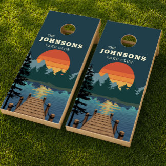 Vintage Mountain Lake Cabin Family Name Cornhole Set