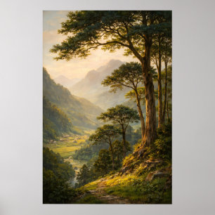 Vintage Mountain Landscape Poster, Serene Forest Poster