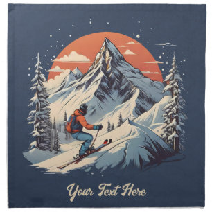 Vintage Mountain Pine Skiing orange Sunset Cloth Napkin