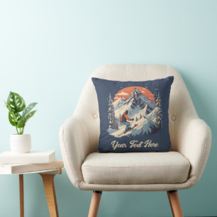 Vintage Mountain Pine Skiing orange Sunset Family Throw Pillow