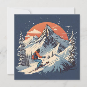 Vintage Mountain Pine Skiing "orange Sunset Holiday Card