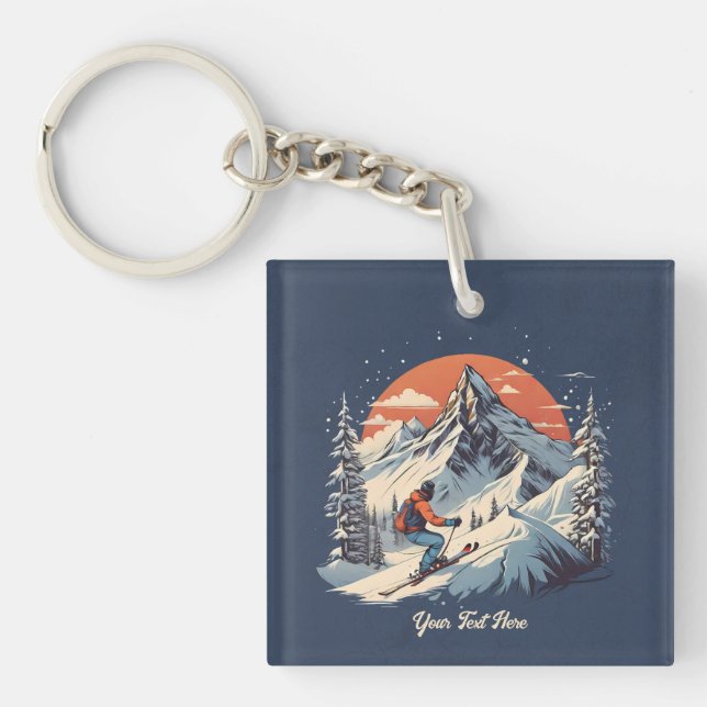 Vintage Mountain Pine Skiing orange Sunset  Keychain (Front)
