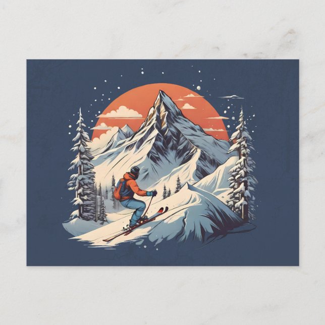 Vintage Mountain Pine Skiing orange Sunset Postcard (Front)