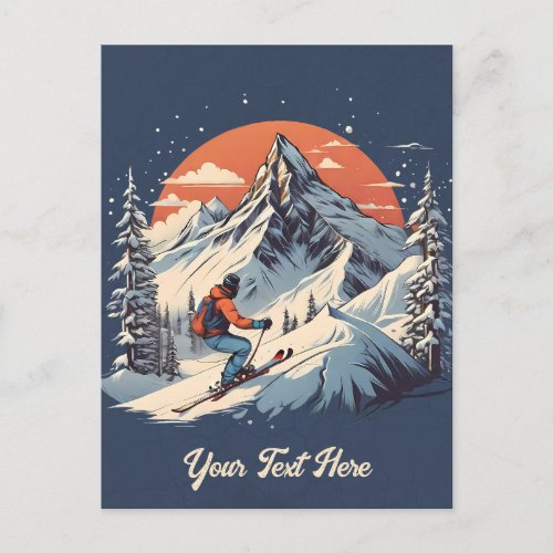 Vintage Mountain Pine Skiing orange Sunset  Postcard