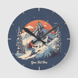 Vintage Mountain Pine Skiing orange Sunset Round Clock