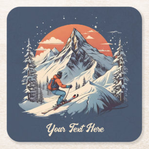 Vintage Mountain Pine Skiing orange Sunset  Square Paper Coaster