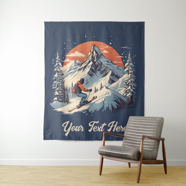 Vintage Mountain Pine Skiing orange Sunset  Tapestry (In Situ)