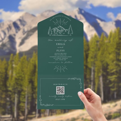 Vintage Mountain Rustic Emerald QR All In One Invitation