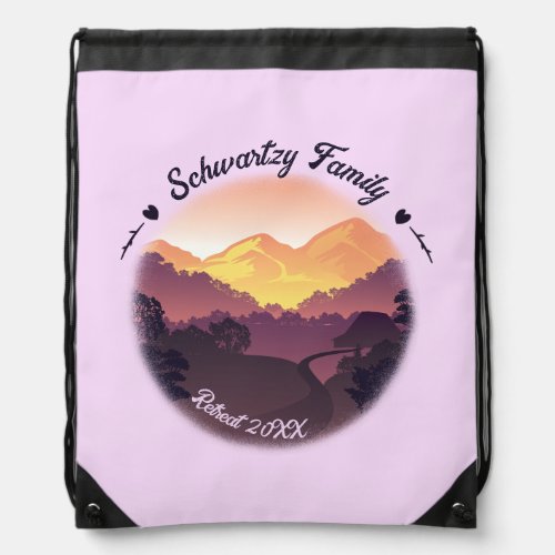 Vintage Mountain Sunset Farmhouse Retreat Purple Drawstring Bag