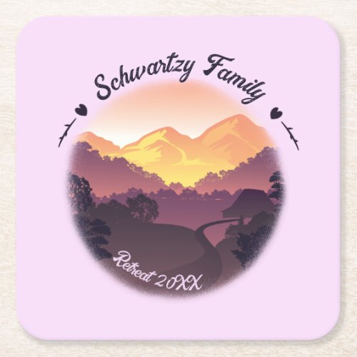 Vintage Mountain Sunset Farmhouse Retreat Purple Square Paper Coaster