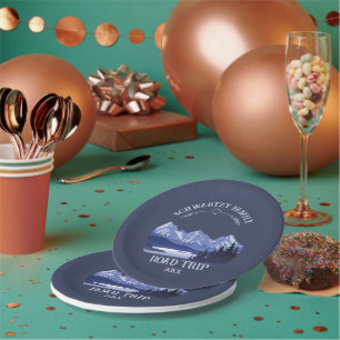 Vintage Mountain Sunset outdoor lake Retreat blue Paper Plates
