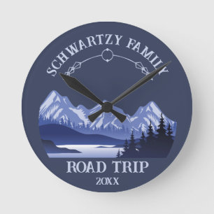 Vintage Mountain Sunset outdoor lake Retreat blue Round Clock