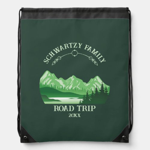 Vintage Mountain Sunset outdoor lake Retreat green Drawstring Bag