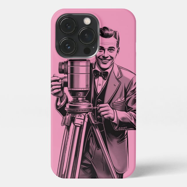 Vintage  movie camera man in pink  iPhone case (Back)