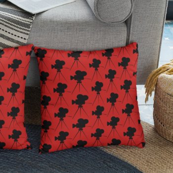 Vintage Movie Camera Pattern Red Home Theater Throw Pillow by SimplyBoutiques at Zazzle