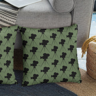 Vintage Movie Camera Pattern Sage Home Theater Throw Pillow