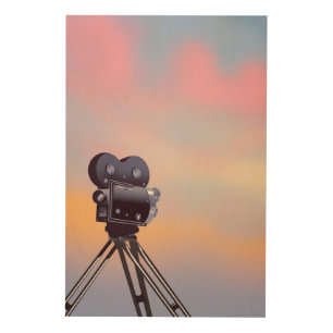 Vintage Movie camera sunset Wood Wall Art