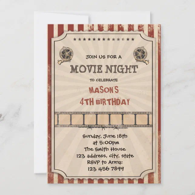 Vintage movie night birthday party invitation | Zazzle