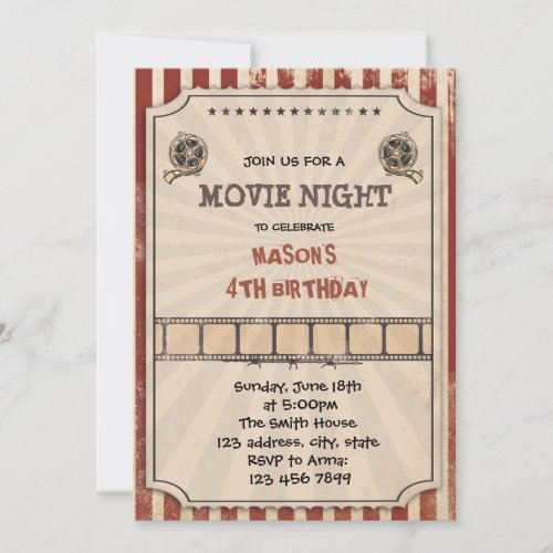 Vintage movie night birthday party invitation