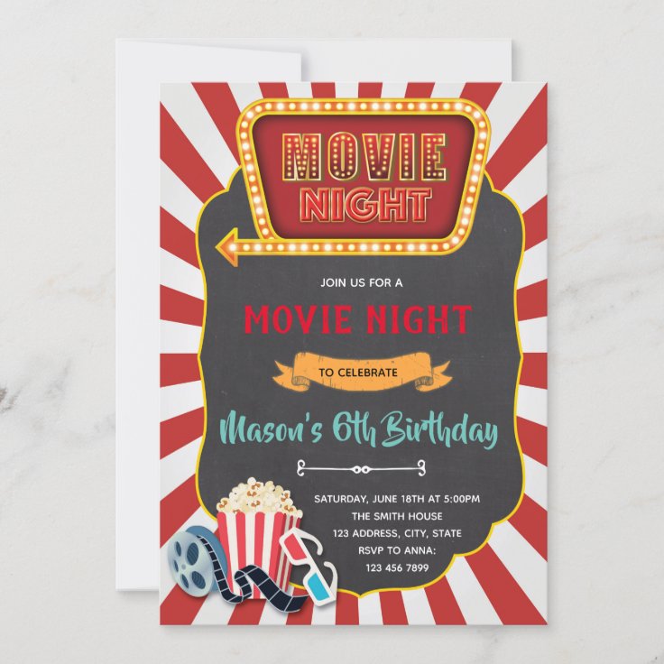 Vintage movie night birthday party invitation | Zazzle